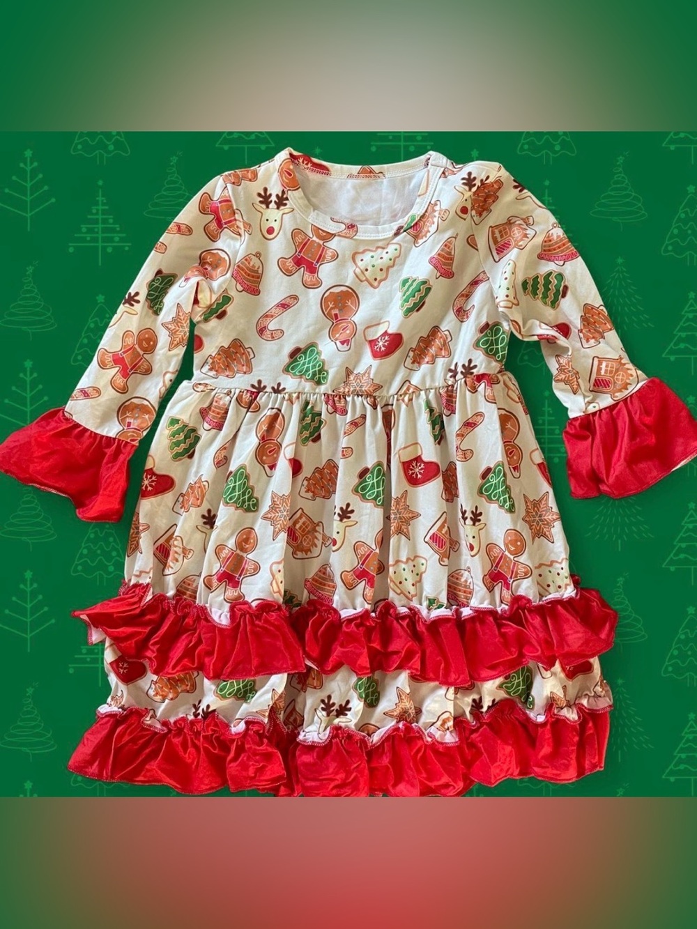 Girls Christmas Gingerbread Ruffle Dress - Red & White